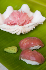 Close-up of Nigiri Sushis on a leaf