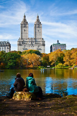Tourists sitting at the riverside, Central Park, Manhattan, New York City, New York State, USA
