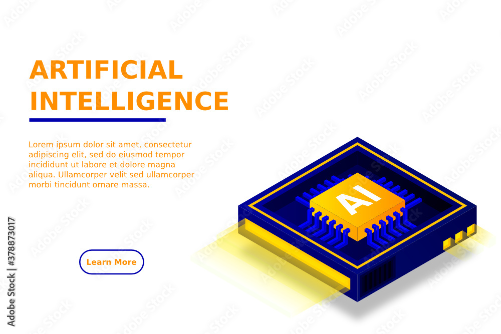 Poster artificial intelligence icon ai, chip brain, quantum computing, cpu, isometric cloud computing conce
