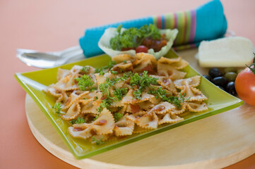 Close-up of a plate of bow tie pasta