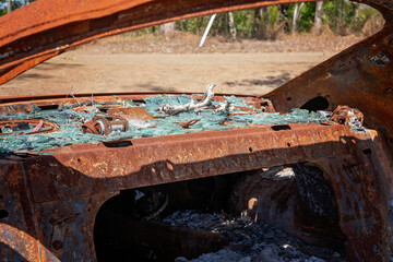 Burnt Out Rusting Car Wreck Interior