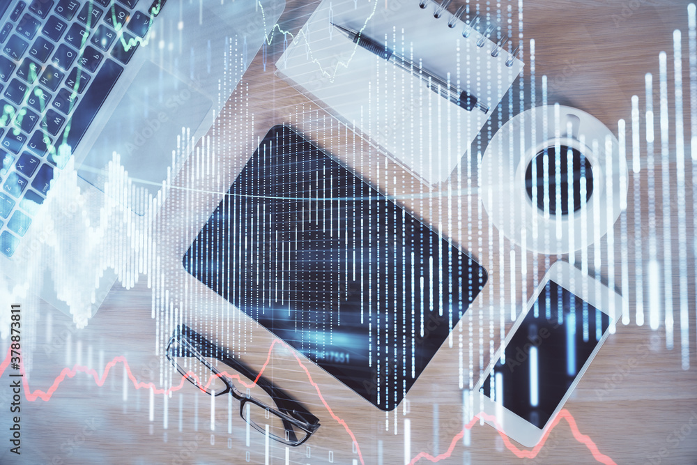 Poster multi exposure of forex graph hologram over desktop with phone. top view. mobile trade platform conc