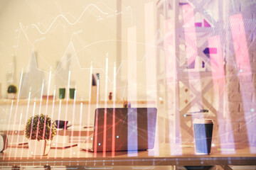 Double exposure of stock market graph drawing and office interior background. Concept of financial analysis.