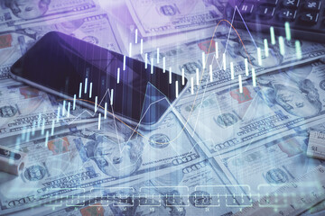 Double exposure of forex graph drawing over us dollars bill background. Concept of financial markets.