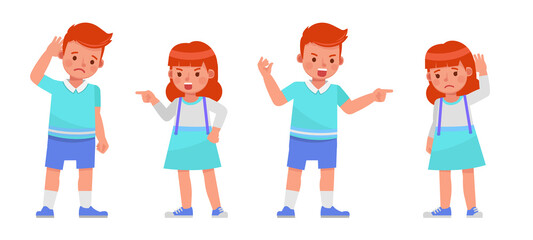  Set of children character vector design. Boy and girl wear blue, white shirt. Presentation in various action with emotions.