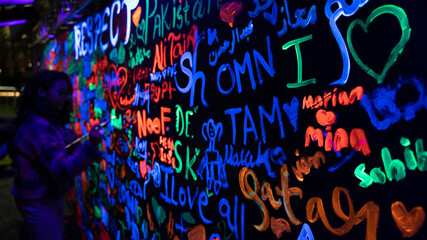 Doha,Qatar- 01 January 2019 : Background image of words painted on UV paintings