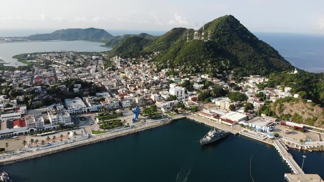 Bay of the port of Manzanillo in Colima, Mexico. Import and export of merchandise by sea