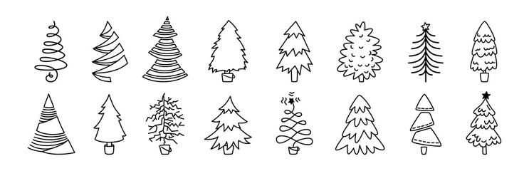 Collection Christmas tree outline. Hand drawing monochrome linear xmas trees cartoon set. New Year traditional design ornaments, stars or garlands. Stylized symbol for holiday flat vector illustration
