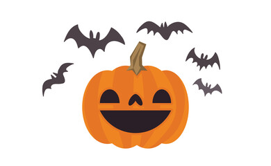 Happy Halloween design. Cute pumpkin with carved smile face, spooky season. Funny illustration. Trick or treat decoration.
