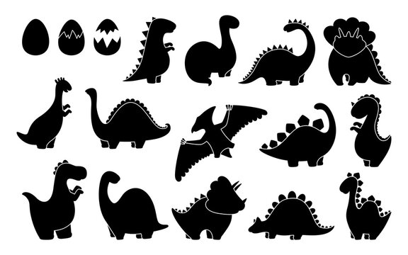 Dinosaur black silhouette set. Reptile glyph collection, predators and herbivores dino. Funny monochrome shape dinosaurs. Kids design for fabric or textile. Vector illustration isolated