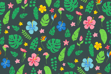 Seamless tropical pattern. Exotic wallpaper, cartoon leaves and flowers. Monstera, palm and wild flowers. Hawaiian flat plants jungle. Vector illustration dark background