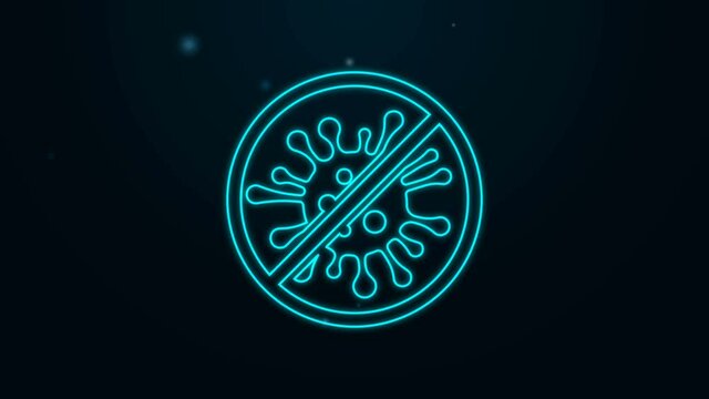 Glowing neon line Stop virus, bacteria, germs and microbe icon isolated on black background. Antibacterial and antiviral defence, protection infection. 4K Video motion graphic animation