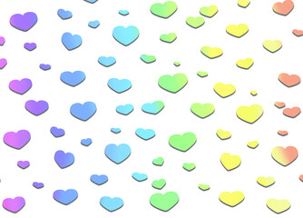 Multicolored gradient bright hearts on a white background, isolates. Pastel palette, shades, horizontal picture.
