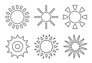 Contour sun icons set. Empty simple different shapes solar. Design logo element sunlight morning, weather, spring. Round pictogram sunny energy for web or app. Isolated on white vector illustration