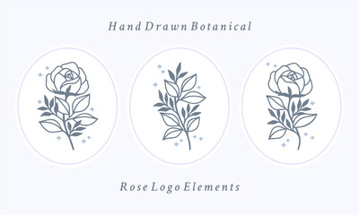 Vintage botanical blue rose flower, and leaf vector element set in minimal linear style. Symbol for  cosmetics, packaging, jewelry, beauty products, beauty logo or floral feminine brand
