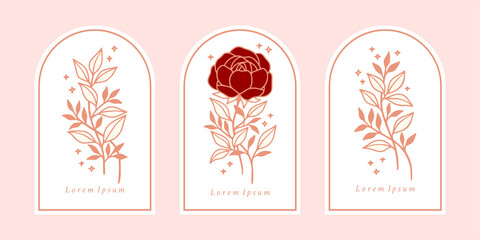 Vintage botanical pink rose, peony flower, and leaf vector element set in minimal linear style. Symbol for  cosmetics, packaging, jewelry, beauty products, beauty logo or floral feminine brand