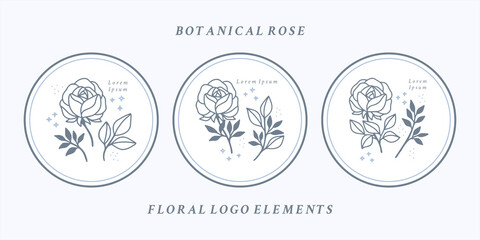 Vintage botanical blue rose flower, and leaf vector element set in minimal linear style. Symbol for  cosmetics, packaging, jewelry, beauty products, beauty logo or floral feminine brand