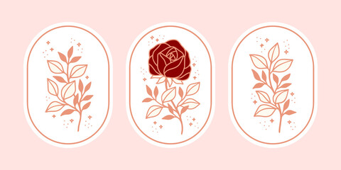 Vintage botanical pink rose flower, and leaf vector element set in minimal linear style. Symbol for  cosmetics, packaging, jewelry, beauty products, beauty logo or floral feminine brand