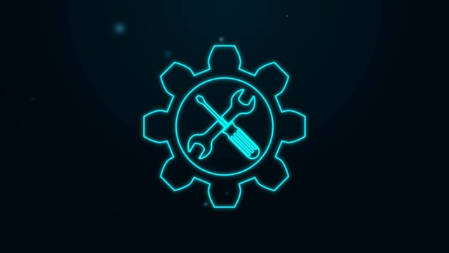 Glowing neon line Maintenance symbol - wrench and screwdriver in gear icon isolated on black background. Service tool symbol. 4K Video motion graphic animation