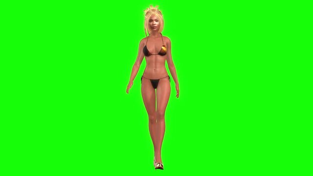 3D animation of a beautiful blond avatar girl posing, walking and dancing