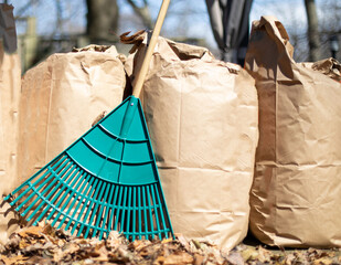 a row of paper leaf composting bags with a leaf rake leaning on them