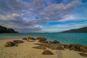 White sand beach tropical sea beach mountain view