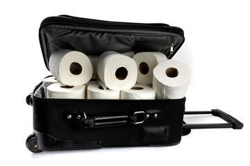 a suitcase full of rolls of smuggled toilet paper isolated on white