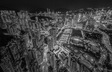 Aerial view of Hong Kong cityscape in black and white