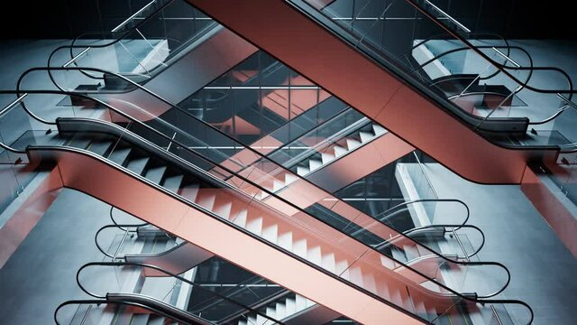 Animation of modern escalators made of glass and steel. Stairway. Seamless loop.