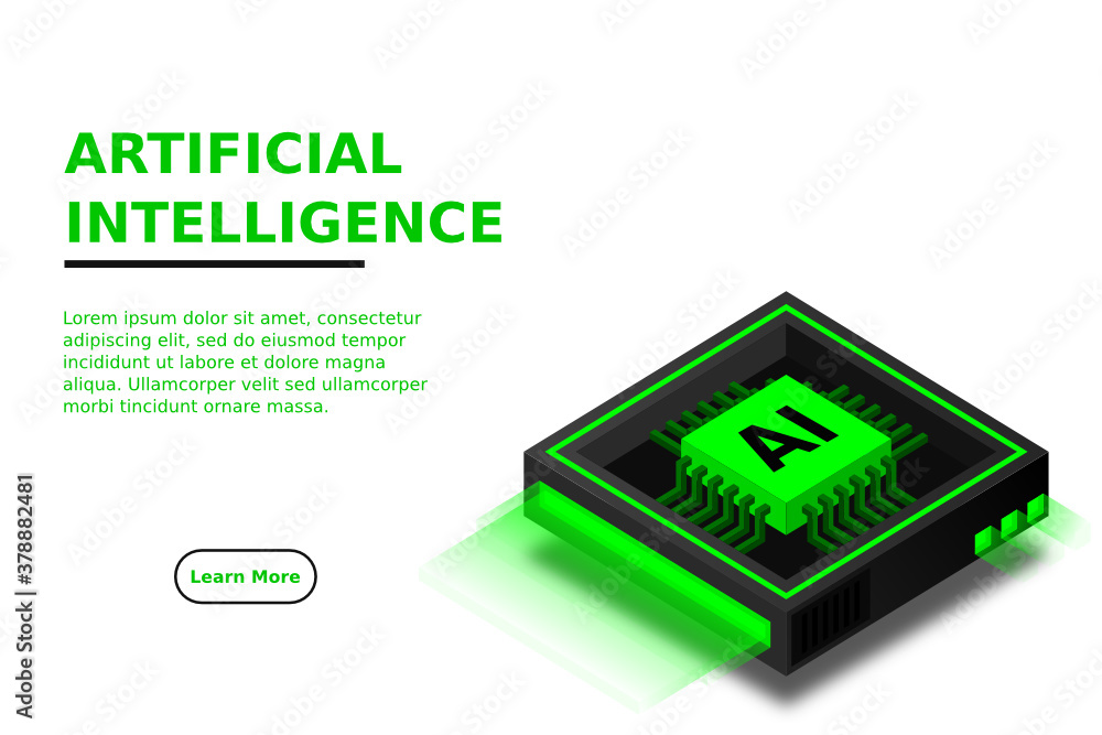 Poster artificial intelligence icon ai, chip brain, quantum computing, cpu, isometric cloud computing conce