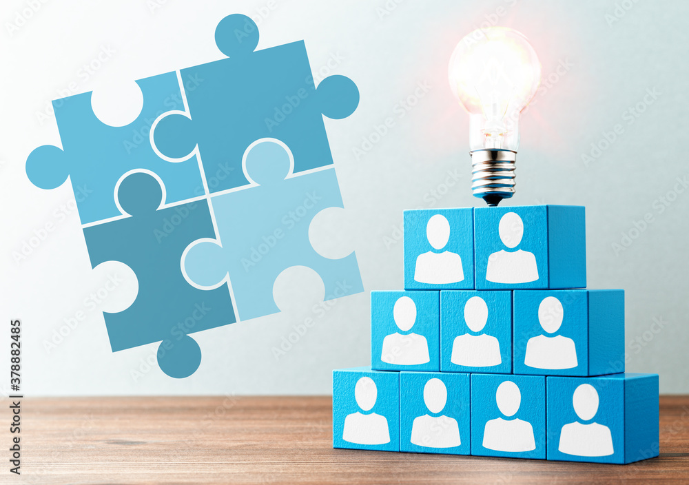 Poster business teamwork and solution. puzzle pieces illustrations, lightbulb and stacked blue blocks with 