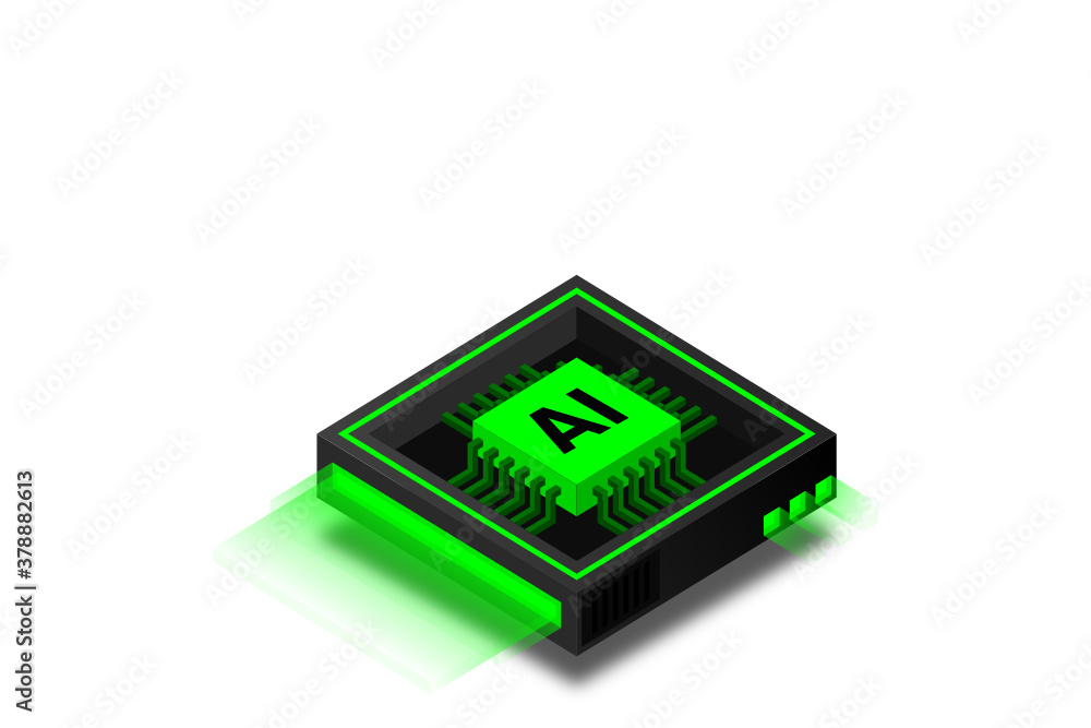 Poster artificial intelligence icon ai, chip brain, quantum computing, cpu, isometric cloud computing conce