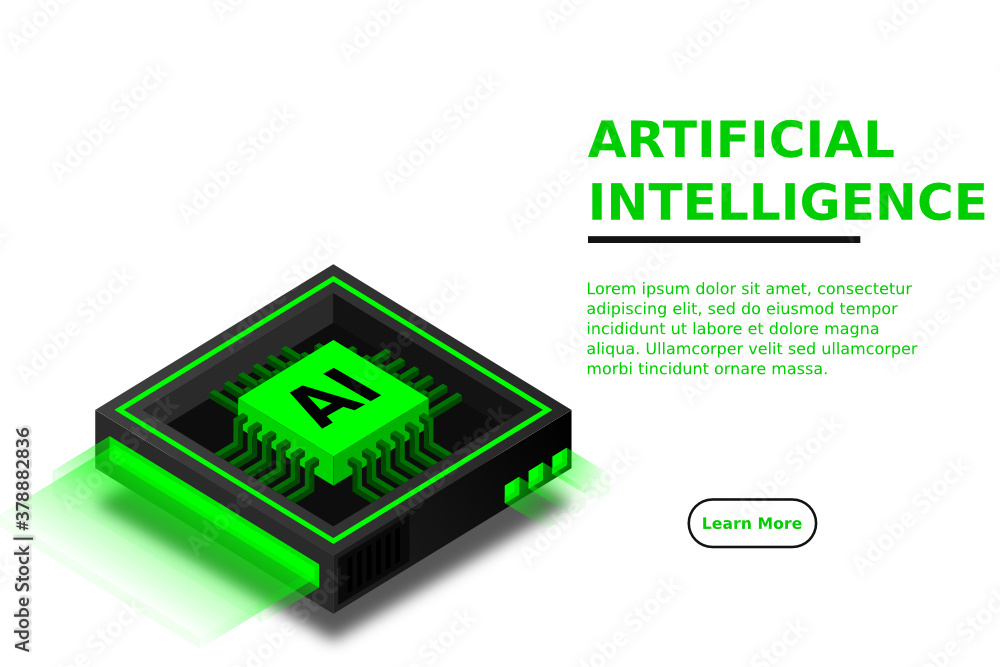 Poster artificial intelligence icon ai, chip brain, quantum computing, cpu, isometric cloud computing conce