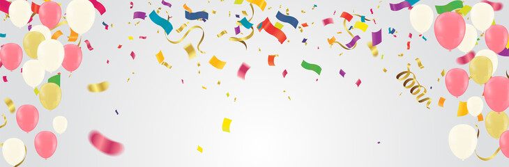 Celebration background template with confetti and variety colors ribbons.