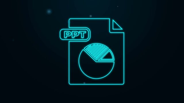 Glowing neon line PPT file document. Download ppt button icon isolated on black background. PPT file presentation. 4K Video motion graphic animation