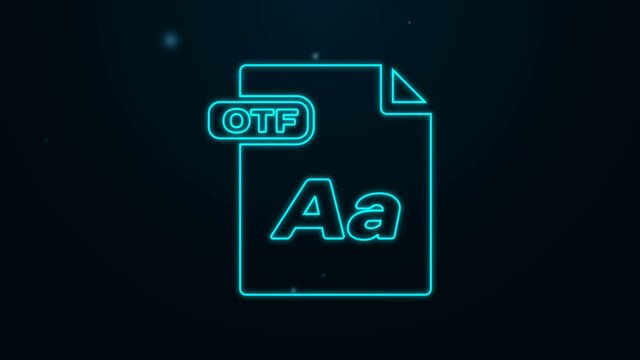 Glowing neon line OTF file document. Download otf button icon isolated on black background. OTF file symbol. 4K Video motion graphic animation
