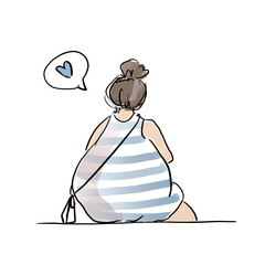 Girl full plus size sitting back in a striped dress. Nutritional problem. happiness. body positive.