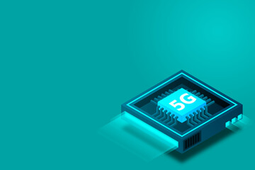 5G network processor illustration. Mobile wireless internet of next generation. Isometric futuristic micro chip. micro chip illustration. PC mainboard illustration background. 3D isometric hardware.