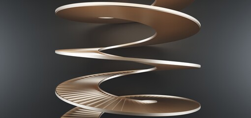 Luxury abstract architectural minimalistic background. Contemporary showroom. Gold metal spiral staircase modern staircase upward.Empty gallery. Backlight. 3D illustration and rendering.
