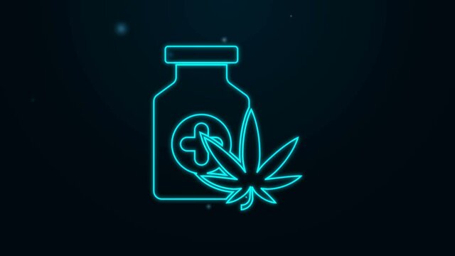 Glowing neon line Medical bottle with marijuana or cannabis leaf icon isolated on black background. Mock up of cannabis oil extracts in jars. 4K Video motion graphic animation