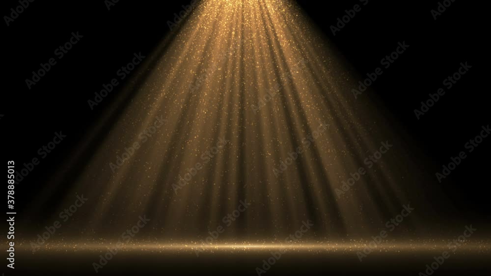 Poster 4k spotlight with flying particles. gold color rays. empty scene with light for product. xmas 2021 b