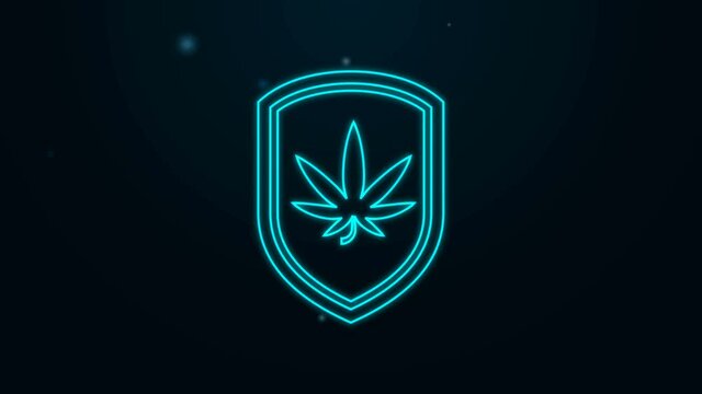 Glowing neon line Shield and marijuana or cannabis leaf icon isolated on black background. Marijuana legalization. Hemp symbol. 4K Video motion graphic animation