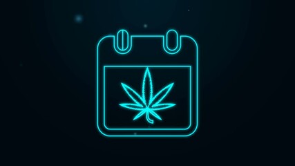 Glowing neon line Calendar and marijuana or cannabis leaf icon isolated on black background. National weed day. Hemp symbol. 4K Video motion graphic animation