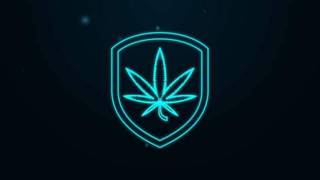 Glowing neon line Shield and marijuana or cannabis leaf icon isolated on black background. Marijuana legalization. Hemp symbol. 4K Video motion graphic animation