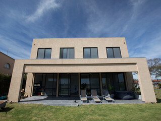 Real estate. Modern architecture. Exterior view of a contemporary new house in the suburb. 
