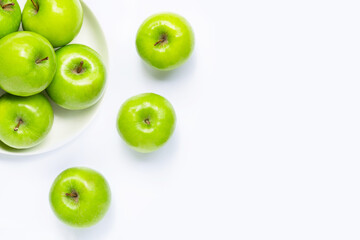 Green apples on white background. Copy space
