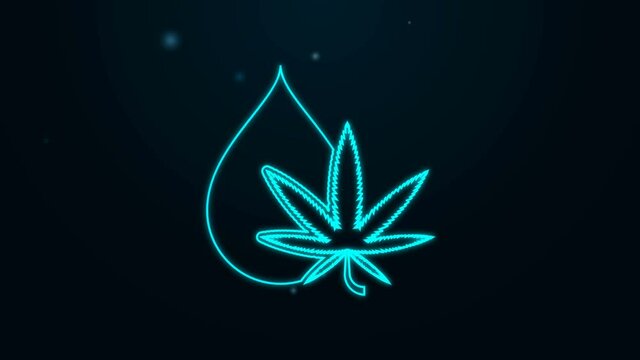 Glowing neon line Medical marijuana or cannabis leaf olive oil drop icon isolated on black background. Cannabis extract. Hemp symbol. 4K Video motion graphic animation