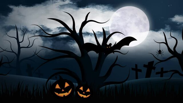 Halloween Background. Flat animation with trees, pumpkins, bats and spider against the background of the moon and clouds