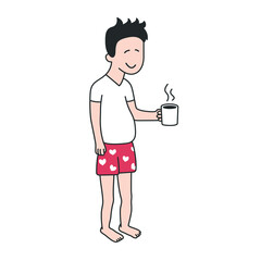 cartoon male character in red pents drink coffee at the morning