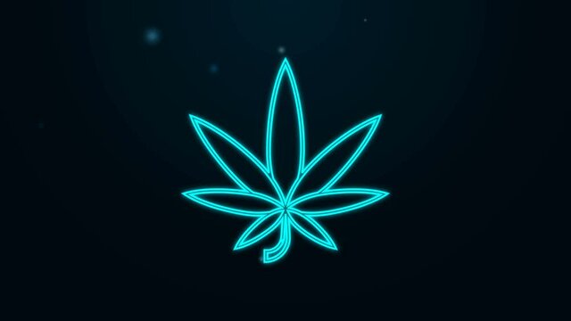 Glowing neon line Medical marijuana or cannabis leaf icon isolated on black background. Hemp symbol. 4K Video motion graphic animation